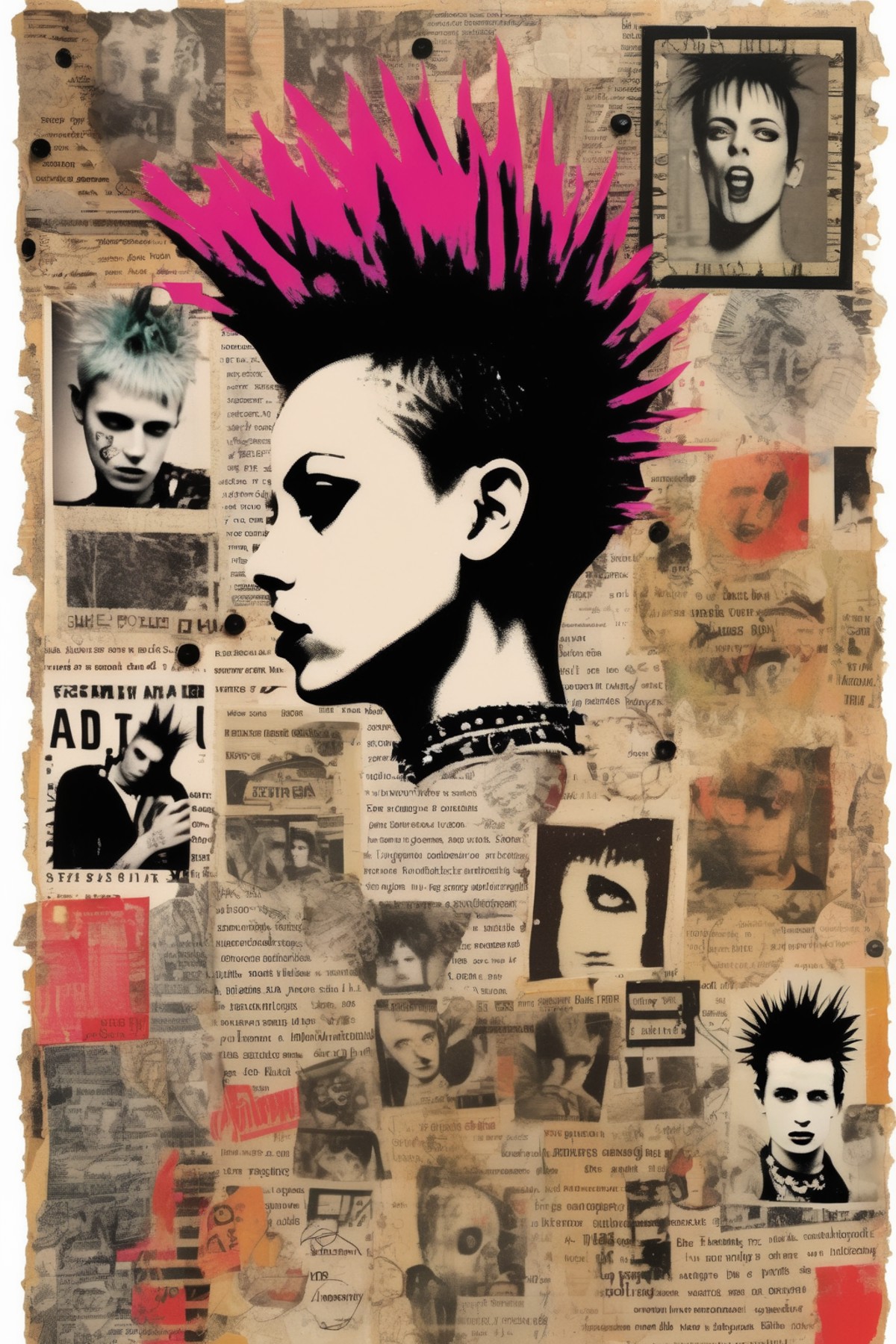 <lora:Punk Collage:1>Punk Collage - Design a stamp full of clippings and collages, using images and text commonly used in ...